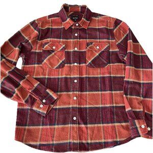 Brixton Bowery Standard Fit Mens Burgundy Orange Plaid Flannel Shirt Outdoor L